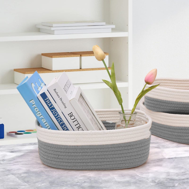 HLWDFLZ 7 Piece Cotton Rope Woven Basket Set - Small Basket for Baby Nursery, Pets, Montessori, Dog & Cat Toy Boxes, Bathroom Organization Bins (White/Gray) - Image 5