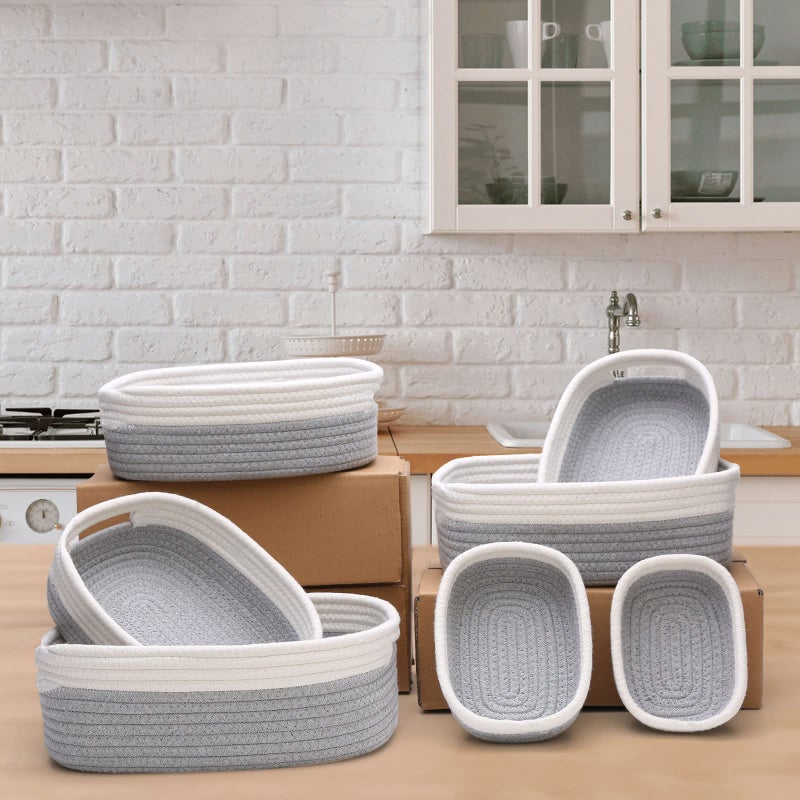 HLWDFLZ 7 Piece Cotton Rope Woven Basket Set - Small Basket for Baby Nursery, Pets, Montessori, Dog & Cat Toy Boxes, Bathroom Organization Bins (White/Gray) - Image 4