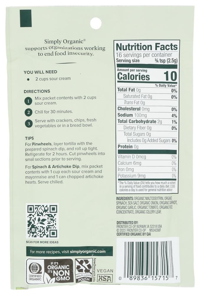 Simply Organic Food Flavor Spinach Dip Mix Gluten-Free 1.41 oz Packet - Image 3