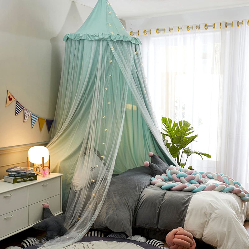 VETHIN Bed Canopy for Kids with LightsDouble Layer Princess Round Dome Children Dreamy Mosquito Net Bedding Girls Room Castle Play Tent Hanging House Decor Reading Nook CanopiesGreenWhite