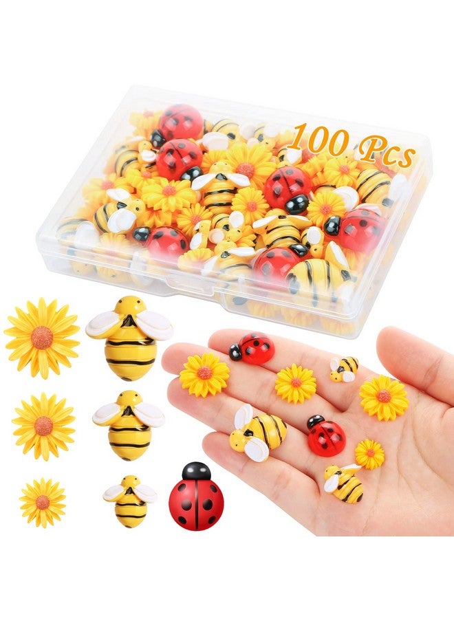 MIKIMIQI 100 Pcs Resin Bees Daisy Decor Bumblebee Ladybug Embellishment Sunflower Bees Charms Craft Decorations with Storage Box for Women DIY Craft Wreath Scrapbooking Party Decorations, 3 Sizes - Image 1