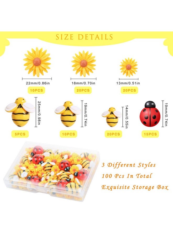 MIKIMIQI 100 Pcs Resin Bees Daisy Decor Bumblebee Ladybug Embellishment Sunflower Bees Charms Craft Decorations with Storage Box for Women DIY Craft Wreath Scrapbooking Party Decorations, 3 Sizes - Image 2