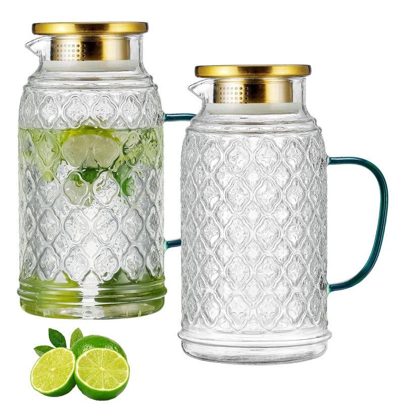Buaic Glass Pitcher with Lid 2 PACK 68 oz2 Liter Vintage Water Pitcher Clear Borosilicate Glass Water Carafe for Cold Brew Coffee Lemonade Iced Sun TeaBeverage Milk Heat Resistant
