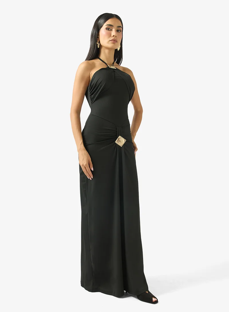 Ginger Halter Neck Draped Dress with Golden Accent
