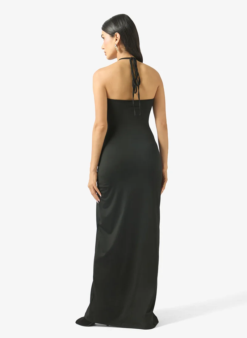 Ginger Halter Neck Draped Dress with Golden Accent