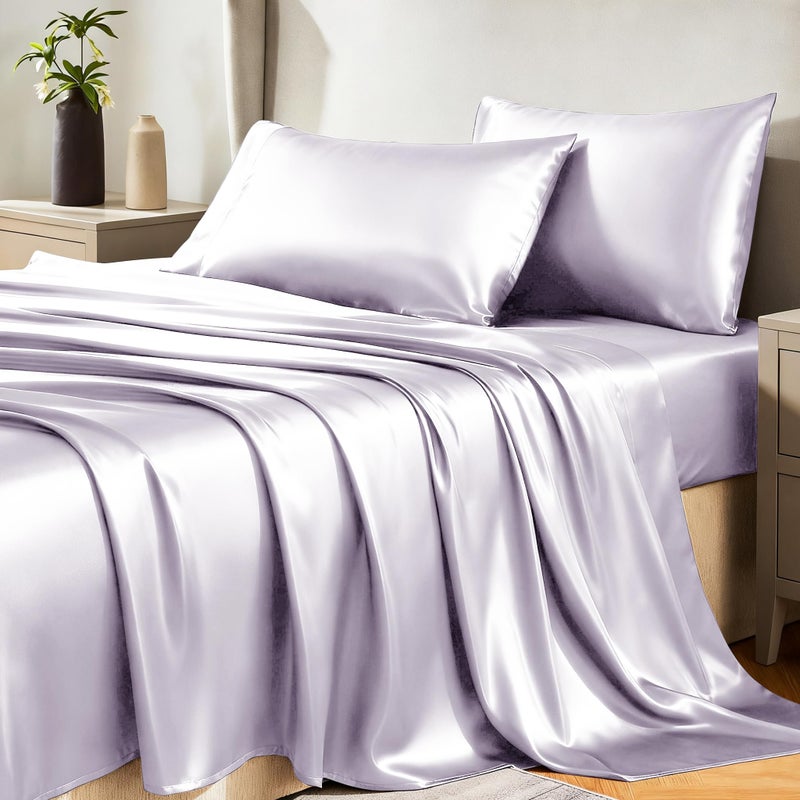 CozyLux مجموعة ملاءات كوزي لوكس ساتين بحجم كوين - مجموعة ملاءات حريرية مكونة من 4 قطع، ملاءات كوين فاخرة بلون بنفسجي تار، مع ميكروفايبر ناعم وسلس، تشمل 1 ملاءة مشدودة، 1 ملاءة مسطحة و2 غطاء وسادة - Image 1