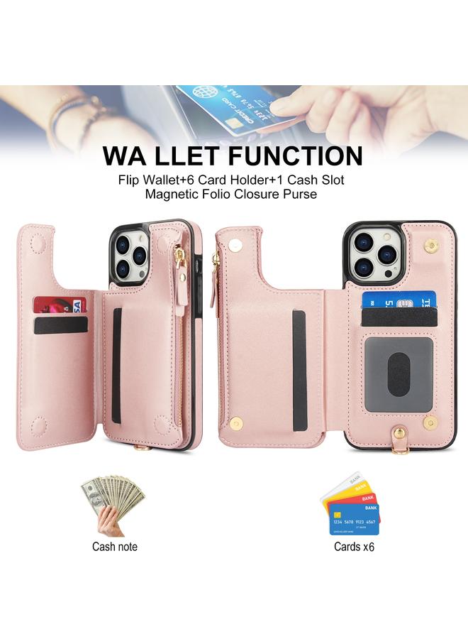 Zaboon Case For iPhone 12 Pro Double Flap Zipper RFID Leather Phone Case with Short Lanyard - Image 4