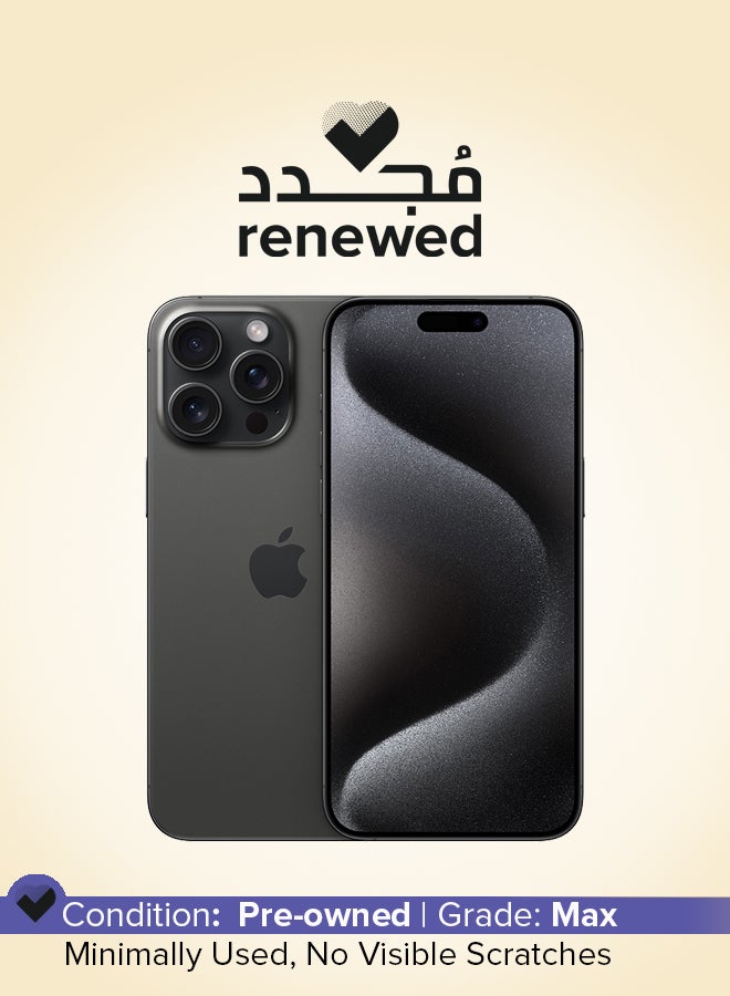 ابل  تم تجديده - آيفون 15 برو ماكس 256 جيجا بايت أسود تيتانيوم 5G مع فيس تايم - Image 1