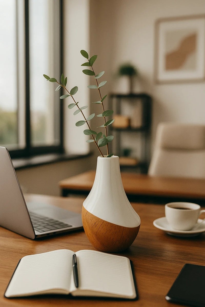 ماريا هومز مزهرية خزفية بتشطيب أبيض وفلين – أصيص زهور حديث متوسط الحجم مزخرف - Image 1