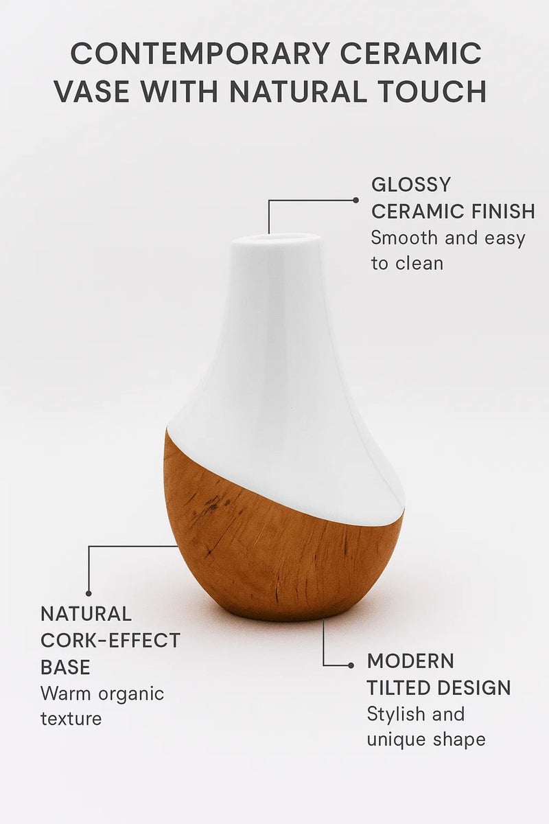 ماريا هومز مزهرية خزفية بتشطيب أبيض وفلين – أصيص زهور حديث متوسط الحجم مزخرف - Image 2