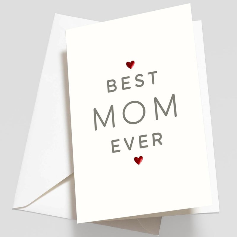 Paper Play Mother's Day Card (Best Mom Ever) - Elegant Mothers Day Card with Envelope, Red Embossed Foil Hearts 4 x 6 Inches - Image 1