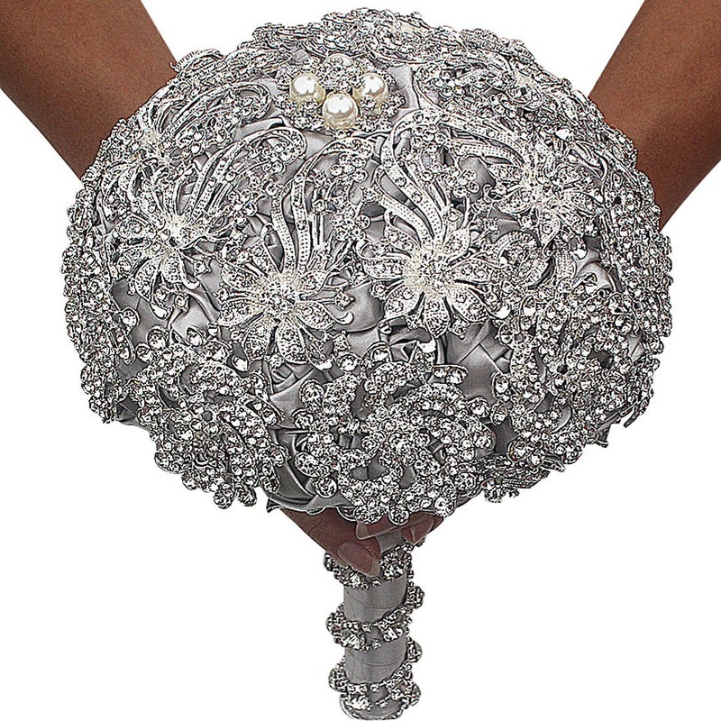 DOTKV DOTKV Wedding Bouquet Luxury Artifical Diamond Wedding Bouquet Set Including Bouquets Wrist FlowersCorsageHandmade with Shimmering Diamonds for Elegant Bridal SilverGray 