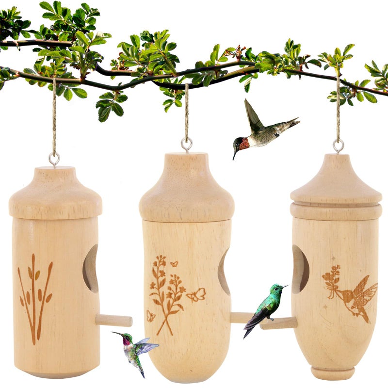 OROGHT Hummingbird House - Natural Wooden Hummingbird Houses for Outside Hanging, Gardening Gifts for Women, Bird Lovers 3 Packs - Image 1