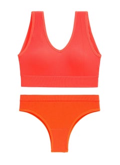 Loquat Women's Solid Color Fitness Set 2-piece Seamless Wireless Bra+Low Waisted Thong Shorts Yoga Suit Orange 