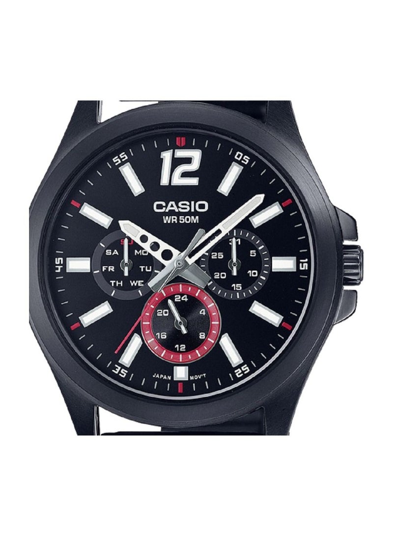 كاسيو ساعة كاسيو للرجال انالوج بعقارب متعددة سوداء سوار ستانلس ستيل مطلي بالايون الاسود وحافظة MTP-E350B-1BVDF - Image 2