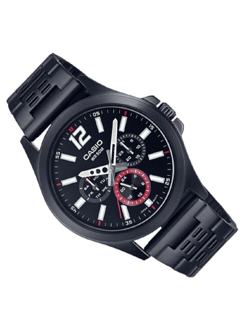 كاسيو ساعة كاسيو للرجال انالوج بعقارب متعددة سوداء سوار ستانلس ستيل مطلي بالايون الاسود وحافظة MTP-E350B-1BVDF - Image 3