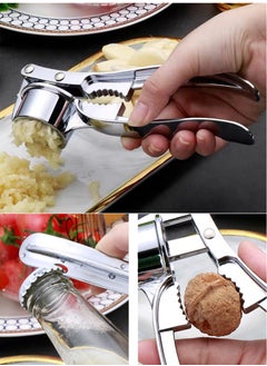 OMEVE Stainless Steel & Zinc Alloy Multi-Function Garlic Press Set - Extended Garlic Crusher, Peeler & Masher for Home Kitchen Use  - Image 1