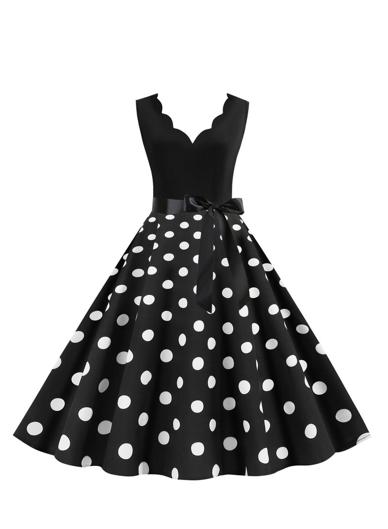 Loquat V-neck Sleeveless Polka Dot Lace Up Waist Retro Large Swing Dress Black/White  - Image 1