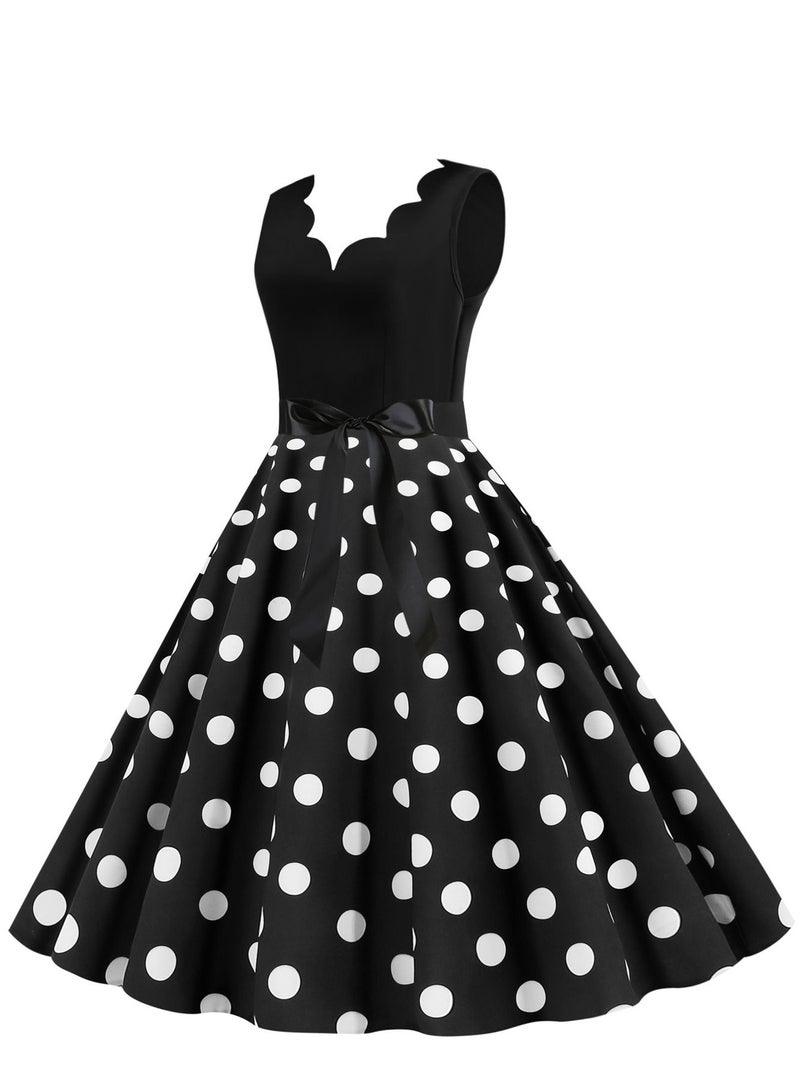 Loquat V-neck Sleeveless Polka Dot Lace Up Waist Retro Large Swing Dress Black/White  - Image 2