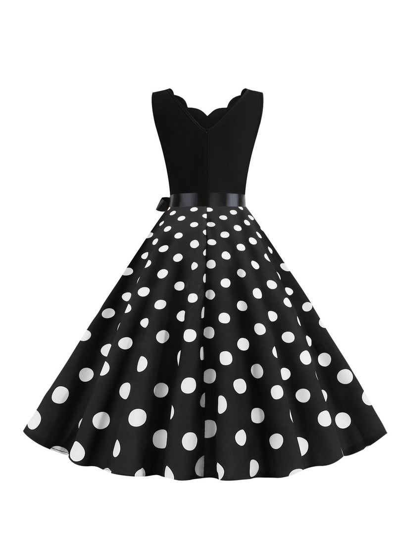 Loquat V-neck Sleeveless Polka Dot Lace Up Waist Retro Large Swing Dress Black/White  - Image 3