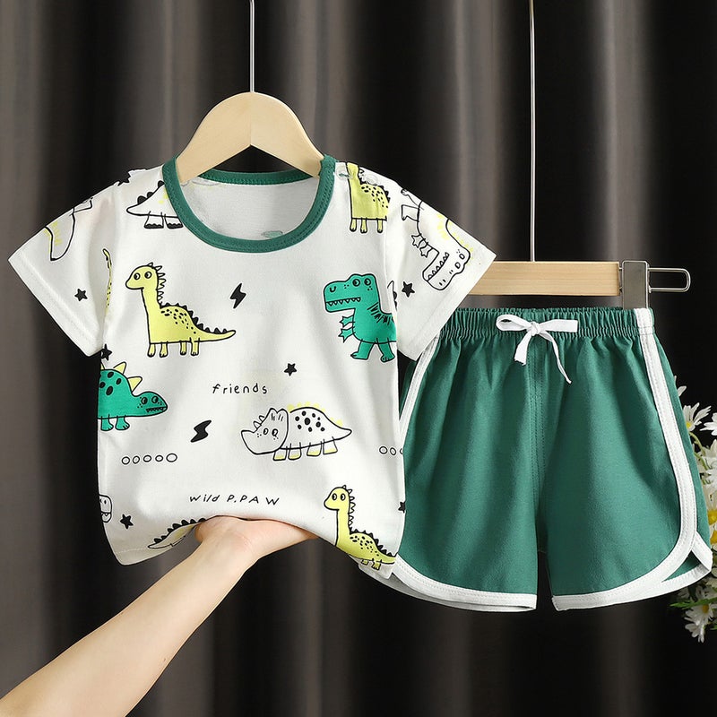 2023 Kids Summer Thin Short Sleeve Set Stripes-Dinosaur World 