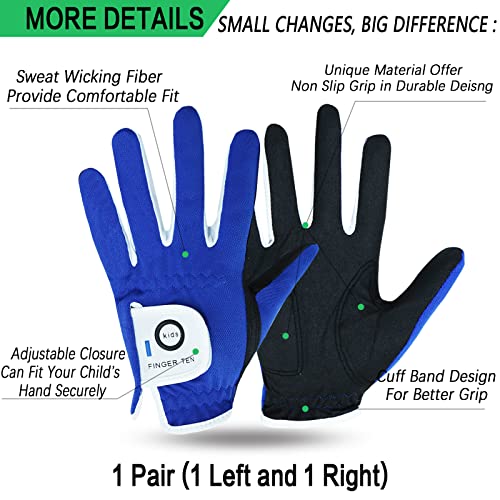 FINGER TEN قفازات جولف فINGER TEN للأطفال الأولاد والبنات لكل من اليد اليسرى واليمنى قيمة 1 زوج، قفاز جولف للأطفال الصغار والشباب باللون الأبيض والأخضر والأسود (الأزرق، متوسط) - Image 2
