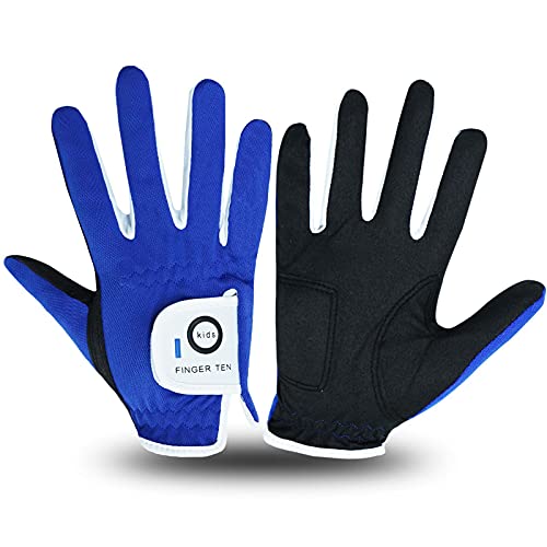 FINGER TEN قفازات جولف فINGER TEN للأطفال الأولاد والبنات لكل من اليد اليسرى واليمنى قيمة 1 زوج، قفاز جولف للأطفال الصغار والشباب باللون الأبيض والأخضر والأسود (الأزرق، متوسط) - Image 1