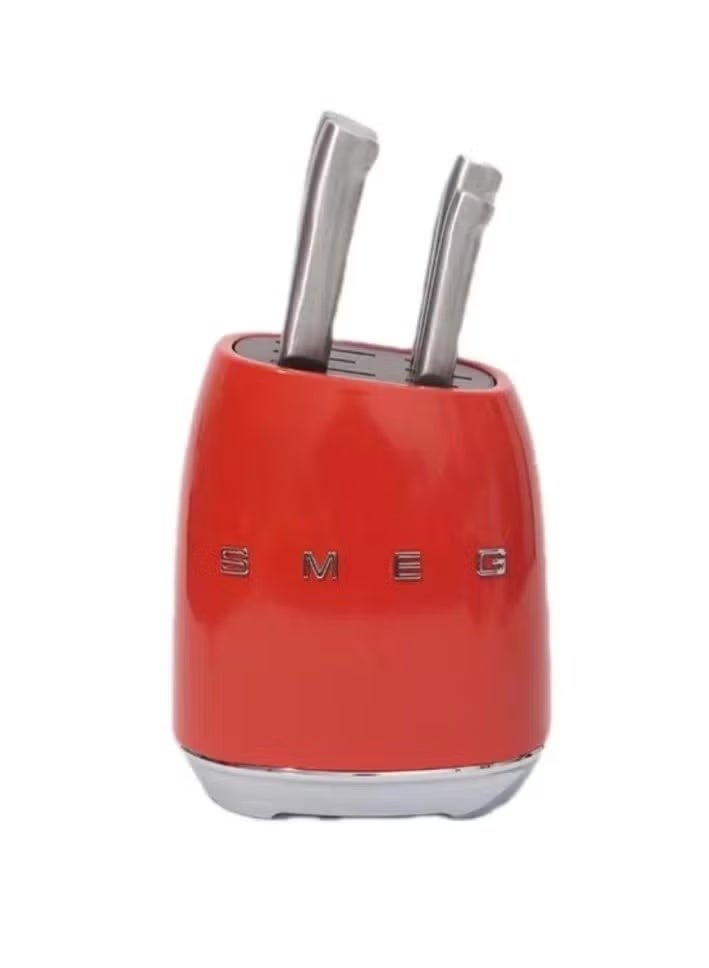 حامل سكين SMEG، حامل سكين من الفولاذ المقاوم للصدأ من الكروم المصقول وحلقة سبيكة قوس أخدود سكين خشبي، أحمر (باستثناء السكين)