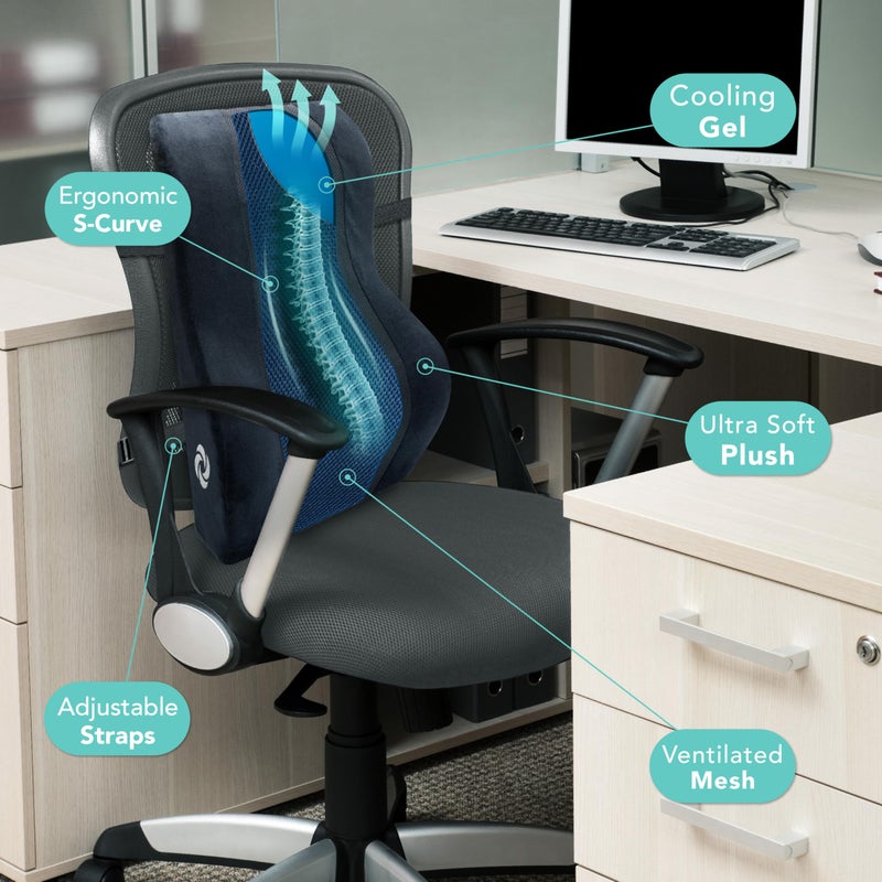 Samsonite وسادة دعم أسفل الظهر من سامسونيت - مسند ظهر مريح لمقعد المكتب ومقعد السيارة، وسادة من رغوة الذاكرة لتخفيف آلام أسفل الظهر، شبكة قابلة للتنفس، حزام قابل للتعديل، شبكة سوداء/زرقاء - Image 5