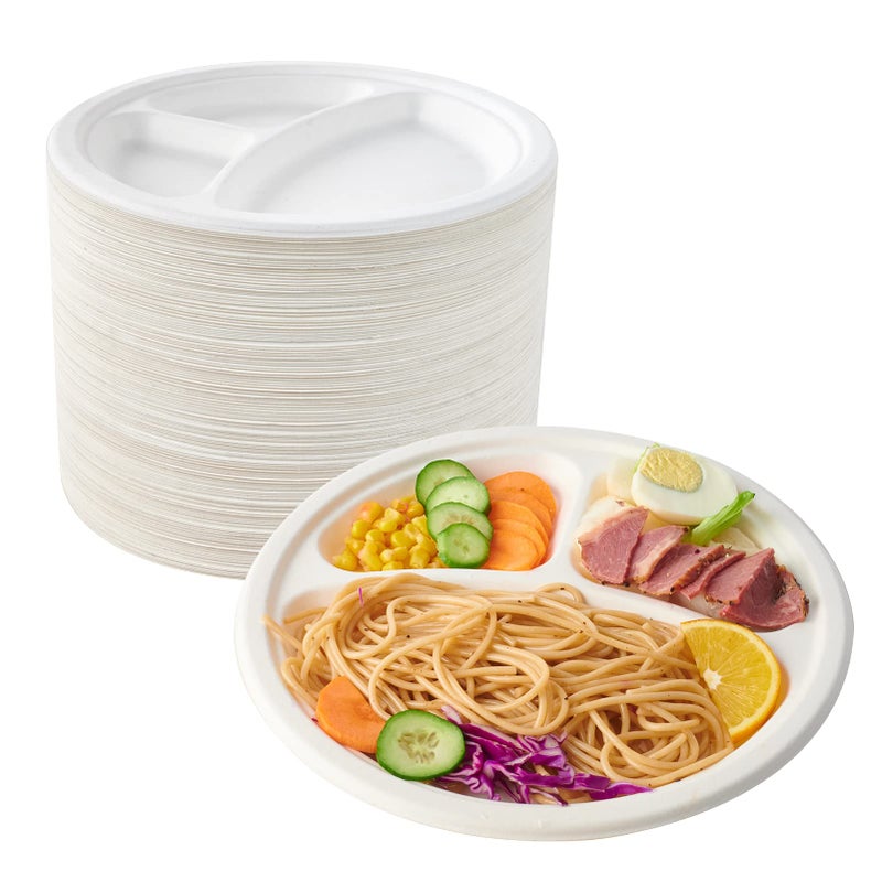 ECOLipak 150 Pack Compostable 3 Compartment Plates  Heavy-Duty Disposable Biodegradable Paper Plates  8.85 inch Eco-Friendly Sugarcane Bagasse Divided Plates for Dinner - Image 1