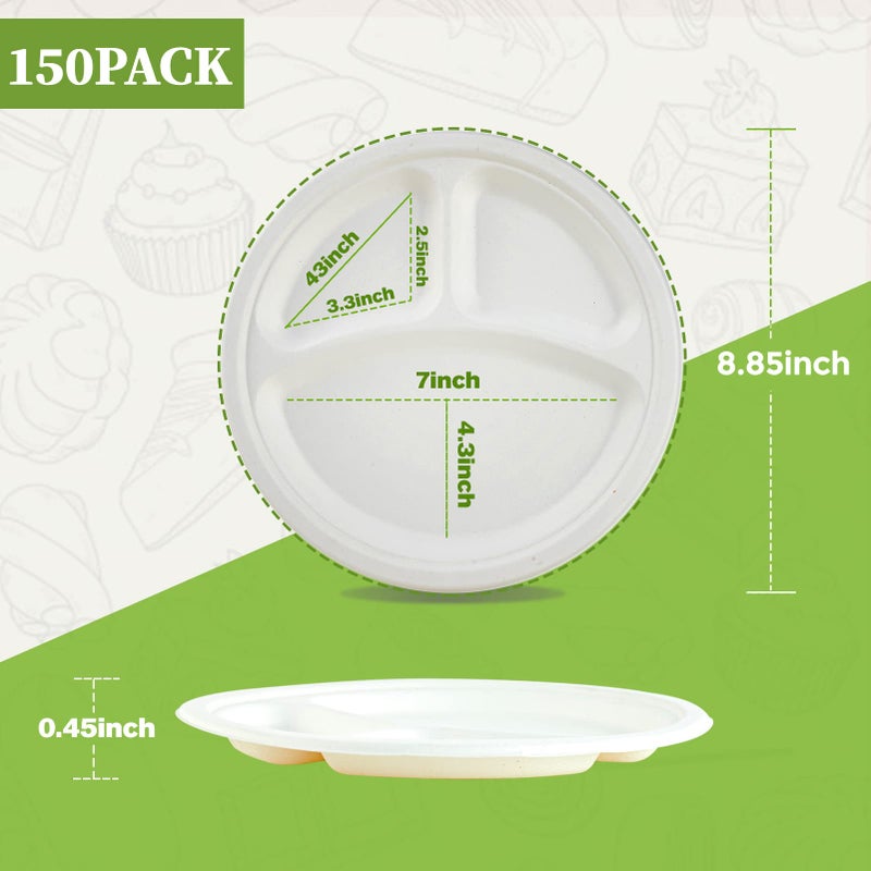 ECOLipak 150 Pack Compostable 3 Compartment Plates  Heavy-Duty Disposable Biodegradable Paper Plates  8.85 inch Eco-Friendly Sugarcane Bagasse Divided Plates for Dinner - Image 5
