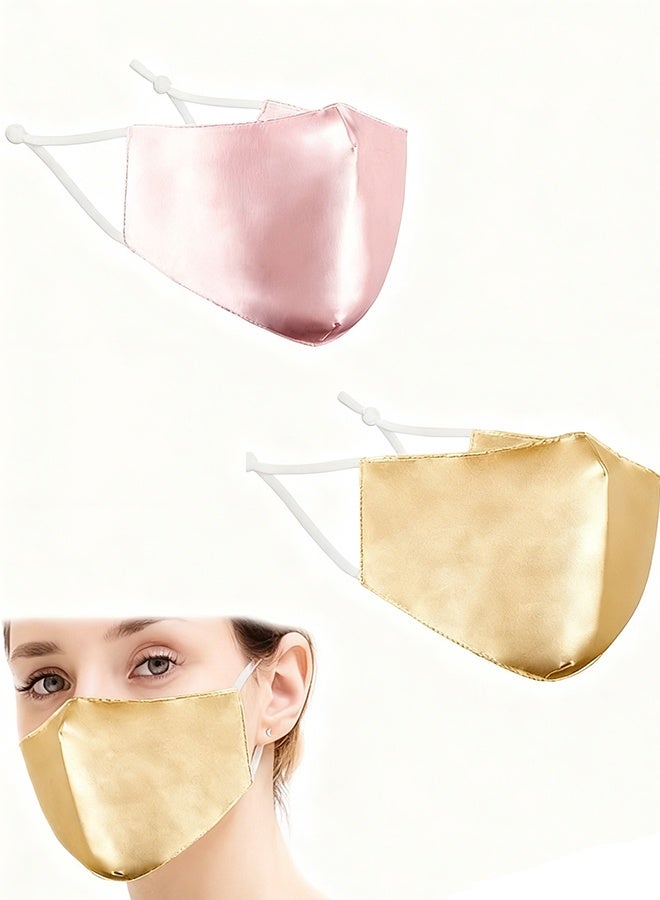 هابي دي قطعتان من كمامات الوجه من حرير الساتان، كمامة قابلة للغسل وناعمة من الجهتين تحاكي الحرير للحماية من الأشعة فوق البنفسجية، كمامة وجه بحلقة أذن مطاطية (ذهبي وردي) - Image 1