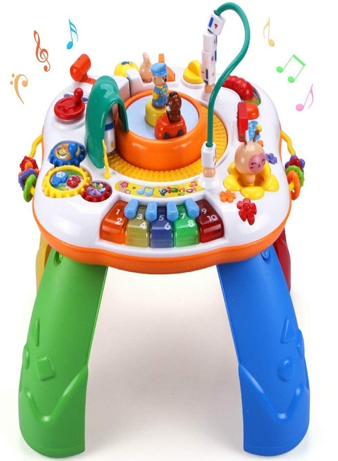 Mokshith Multifunctional Playing Table with Light, Music, Musical Piano, Movable Toy Train with Sound, Doll and car Turntable, Number and Multi-Color Blocks, Colorful Play Rings - Image 1