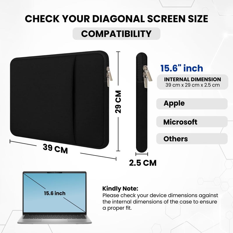 Dyazo Laptop Sleeve 15.6 inches, Durable Shockproof Neoprene Case Cover Carrying Bag Case with Pockets Compatible for HP/Crome Book/ASUS & Other Laptops, Notebook, Black (ONE Pocket 15.6 Black) - Image 2