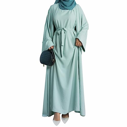 khalat 2PCS Women's Muslim Dresses Abaya Islamic Dubai Prayer Dress Robe Long Cardigan Maxi Dress Light Green - Image 1