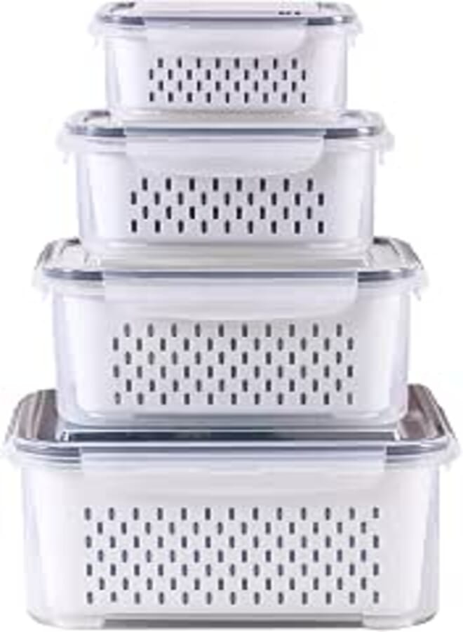 4 Pack Fridge Food Storage Container Set with Lids with Strainer,Plastic Fresh Produce Saver Vegetable Fruit Meat Storage Organization, BPA-Free Plastic Produce Keepers (Not Dishwasher Safe）
