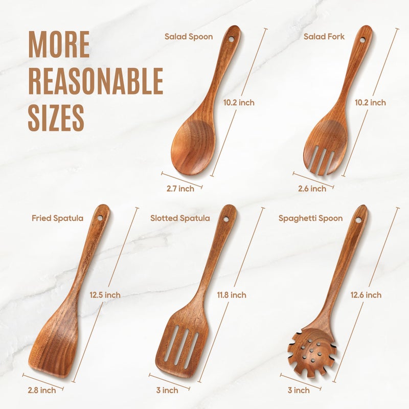 MULBOM 5 PCS Wooden Spoons for Cooking Natural Teak Kitchen Utensils Set Smooth Non-Stick Surface Cooking Utensils Set Soft Comfort-Grip Wooden Spatula Set - Image 5