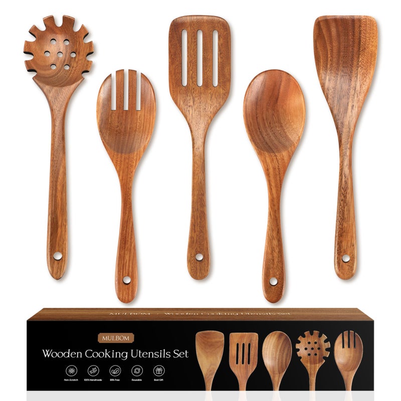 MULBOM 5 PCS Wooden Spoons for Cooking Natural Teak Kitchen Utensils Set Smooth Non-Stick Surface Cooking Utensils Set Soft Comfort-Grip Wooden Spatula Set - Image 1