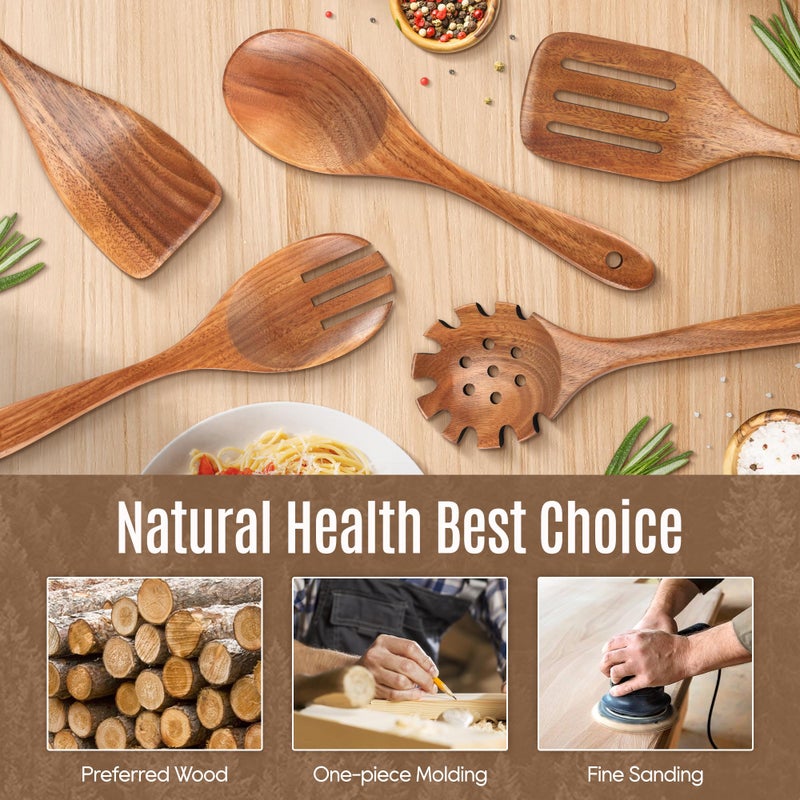 MULBOM 5 PCS Wooden Spoons for Cooking Natural Teak Kitchen Utensils Set Smooth Non-Stick Surface Cooking Utensils Set Soft Comfort-Grip Wooden Spatula Set - Image 2