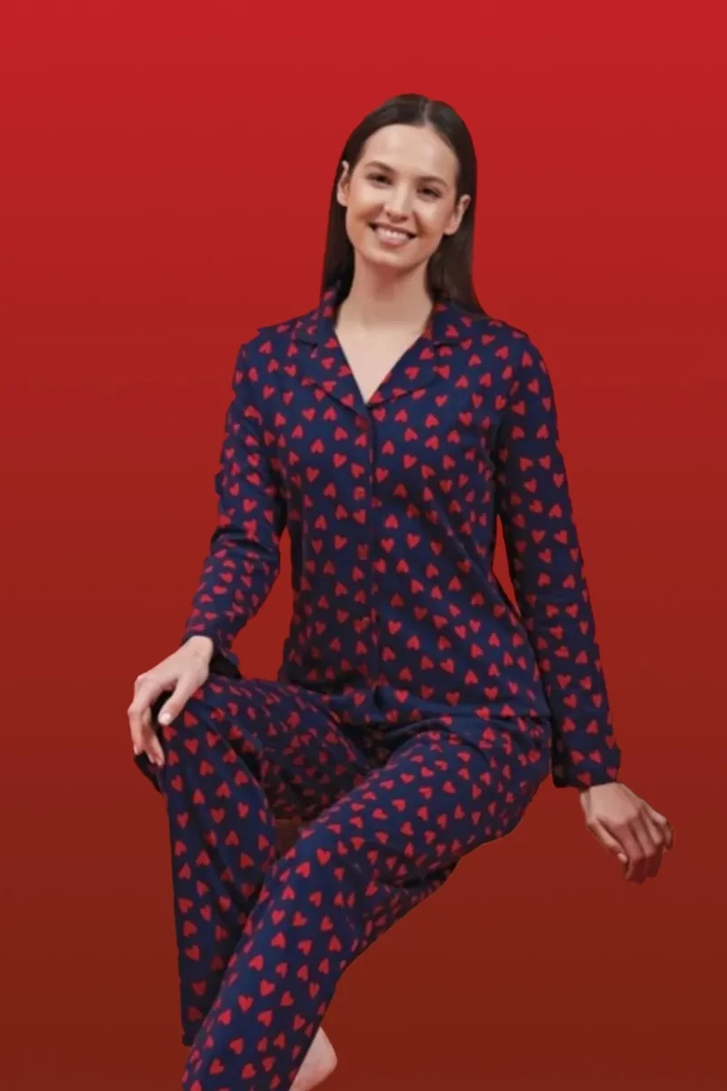 REMSA Women's Raised Cotton Pajama Set 1601 Navy Blue