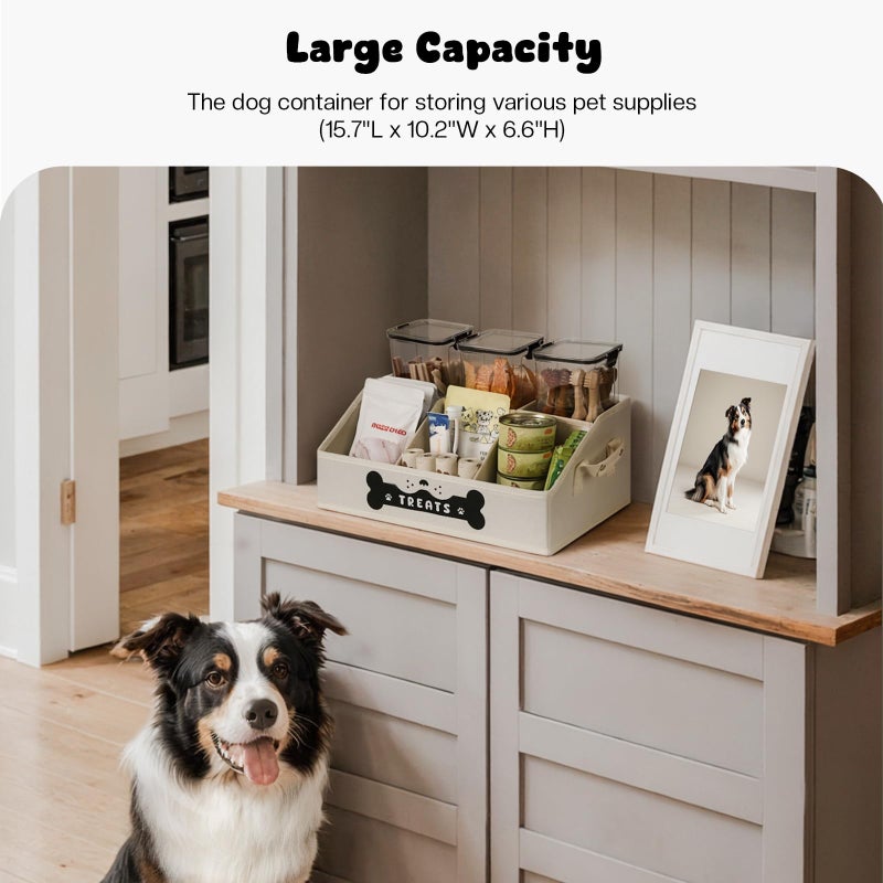 GreenPetopia Dog Treat Container, Dogs Storage Organizer with Removable Dividers, Collapsible Dogs Treat Holder for Countertop, Trapezoid Pet Treats Containers, Dog Toy Basket with PU Handles, Medium, Beige - Image 2