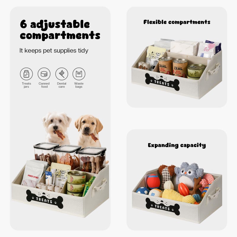 GreenPetopia Dog Treat Container, Dogs Storage Organizer with Removable Dividers, Collapsible Dogs Treat Holder for Countertop, Trapezoid Pet Treats Containers, Dog Toy Basket with PU Handles, Medium, Beige - Image 3