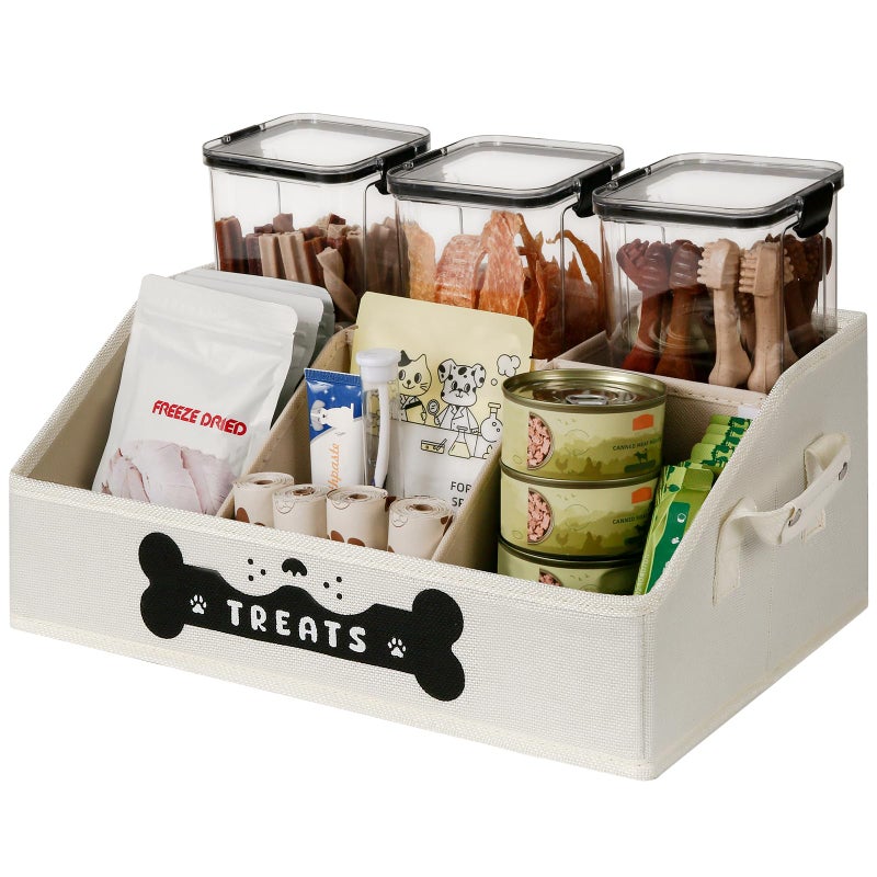 GreenPetopia Dog Treat Container, Dogs Storage Organizer with Removable Dividers, Collapsible Dogs Treat Holder for Countertop, Trapezoid Pet Treats Containers, Dog Toy Basket with PU Handles, Medium, Beige - Image 1