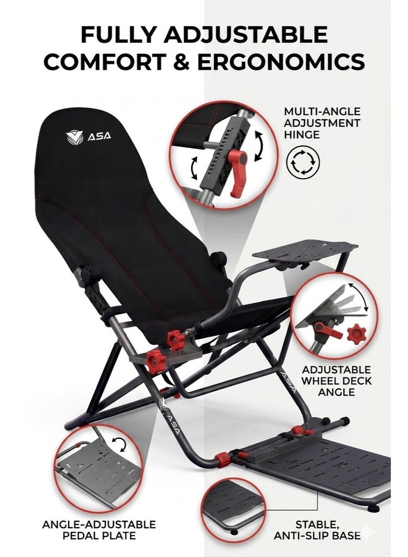ASA Pro-Fold Sim Racing Cockpit, Adjustable & Foldable Racing Simulator Rig with Steering Wheel and Pedal Mount, Heavy-Duty Gaming Seat Frame, Compact & Space-Saving Design, Compatible with Most Racing Wheels - Image 3