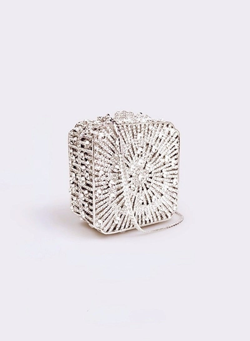 Luxury Crystal Inlaid Carved Hollow Flower Silver Sparkling Box Banquet Bag Clutch Bag Exquisite Mini Small Square Bag  - Image 1