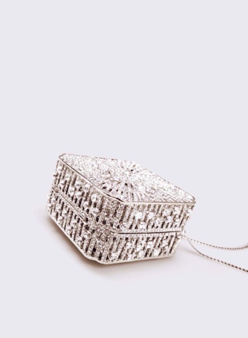 Luxury Crystal Inlaid Carved Hollow Flower Silver Sparkling Box Banquet Bag Clutch Bag Exquisite Mini Small Square Bag  - Image 3