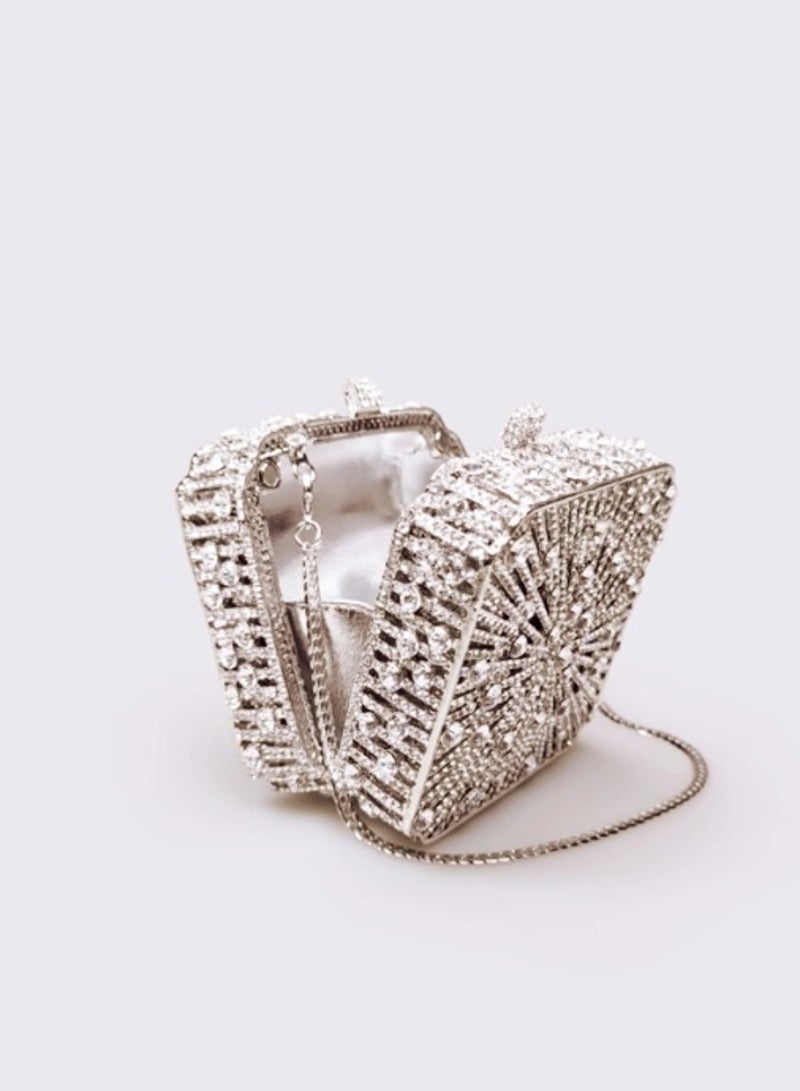 Luxury Crystal Inlaid Carved Hollow Flower Silver Sparkling Box Banquet Bag Clutch Bag Exquisite Mini Small Square Bag  - Image 2