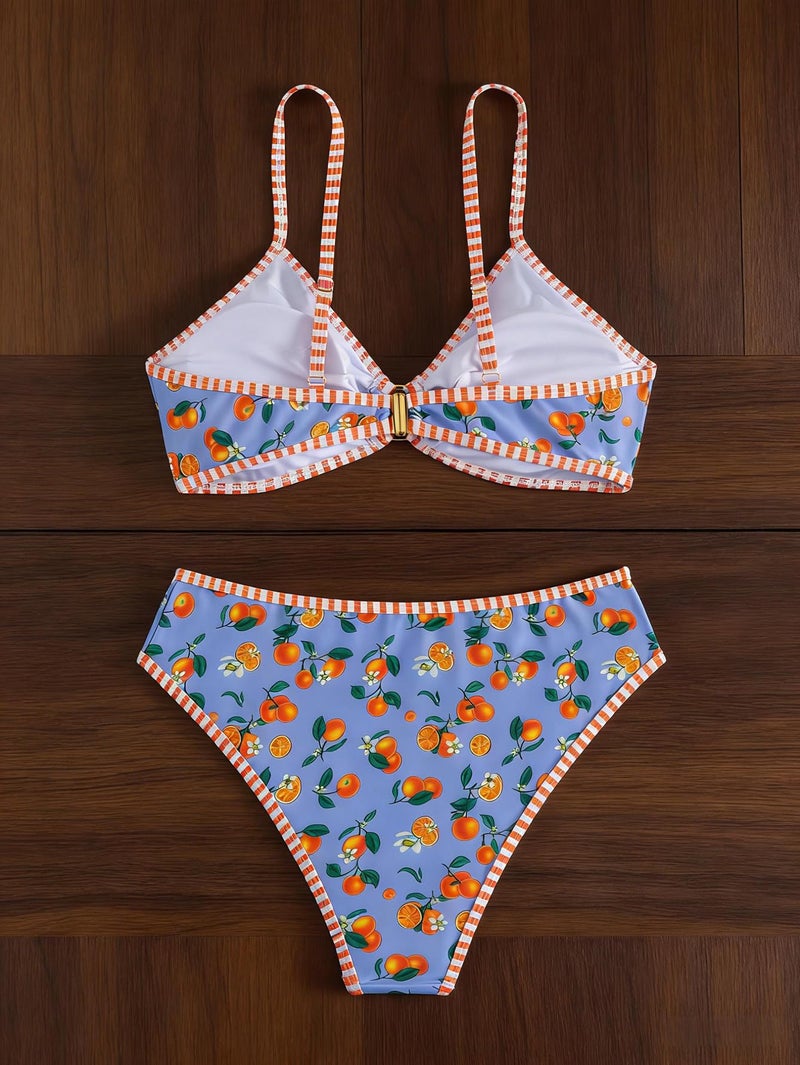 Tainehs Women's Two Piece Bikini Sets O Ring Front Top Ditsy Floral Triangle Swimsuits Cheeky Bathing Suit Orange Blue - Image 5