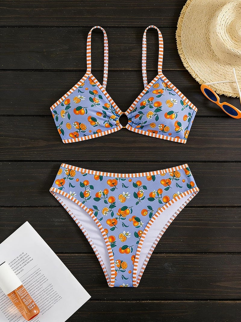 Tainehs Women's Two Piece Bikini Sets O Ring Front Top Ditsy Floral Triangle Swimsuits Cheeky Bathing Suit Orange Blue - Image 4