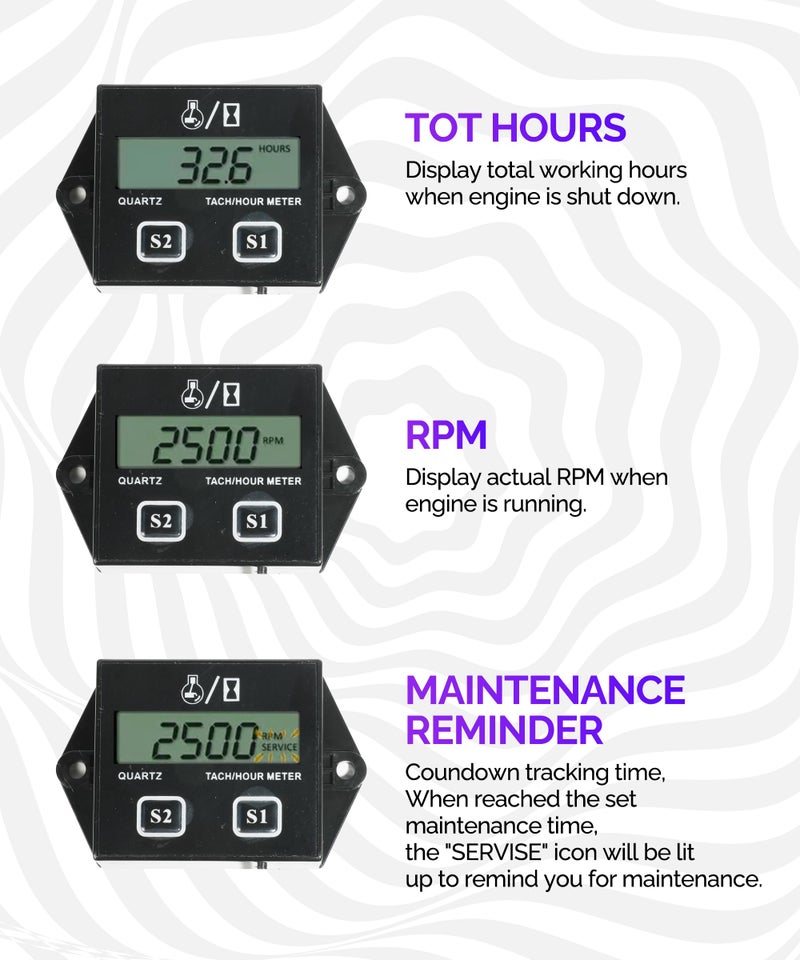 RACOONA Digital Tachometer,Hour Meters for Small Engines,Car Accessories Small Engine Hour Meter and Digital Tachometer,Waterproof Inductive Tachometer Gauge for Lawn Mower Tractor Generator - Image 3